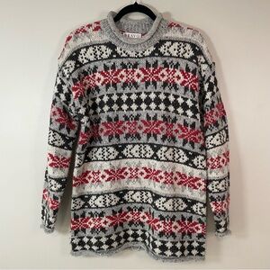 BRAVO Vintage‎ Mens Medium Wool Blend Roll Neck  Sweater Gray Red Snowflakes